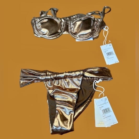 NWT Good American Shiny Mocha Foil Ruched Bikini Bottom, XS (0) - Picture 2 of 11